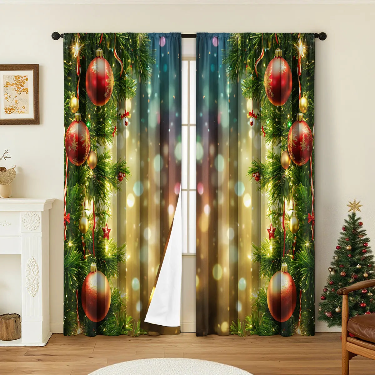 Pair of 3D digitally printed Christmas theme curtains made from polyester fabric, showing detailed pattern.