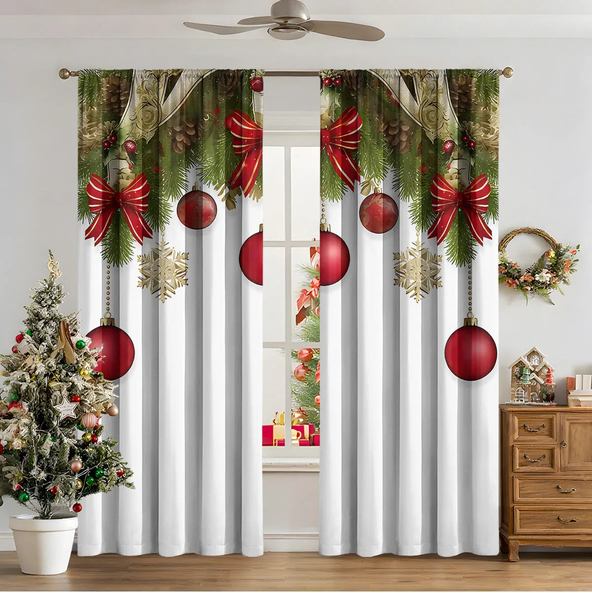 Set of two red and green 3D digitally printed Christmas theme curtains hanging on a window.