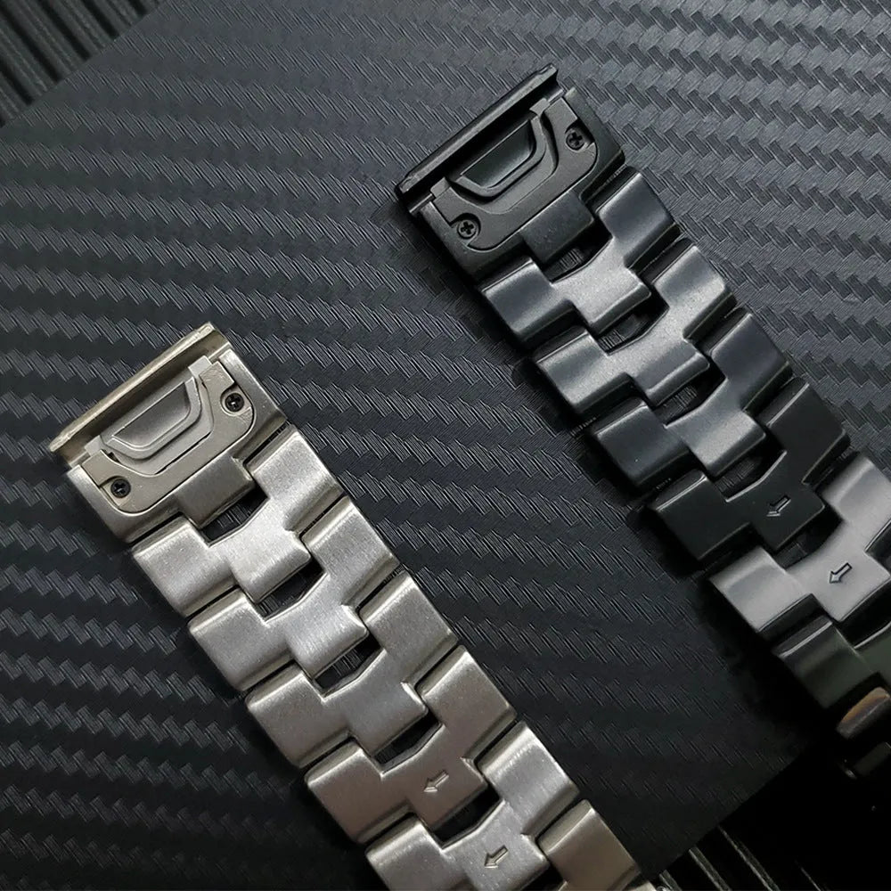 Garmin Fenix compatible watch strap shown in black, silver, and titanium colours for 22mm and 26mm widths.