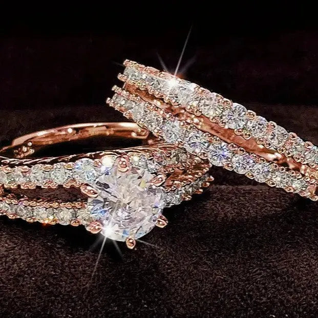 2-in-1 fully-jewelled geometric female ring set in silver, gold, and rose gold colours