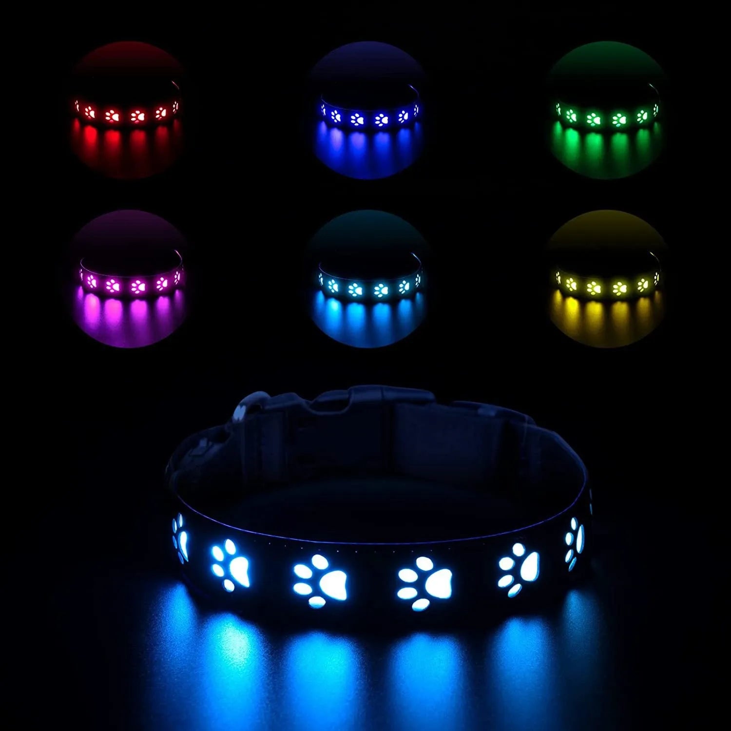 LED dog collar showing multicolour illumination with paw print pattern on adjustable polyester strap