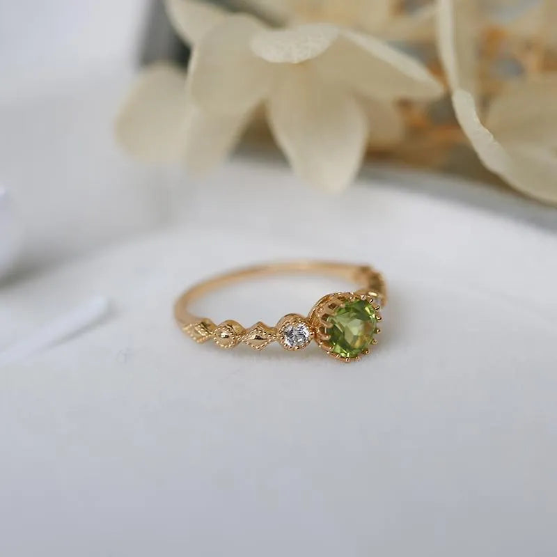 Copper geometric quadrilateral ring with imitation peridot stone in Japanese retro style