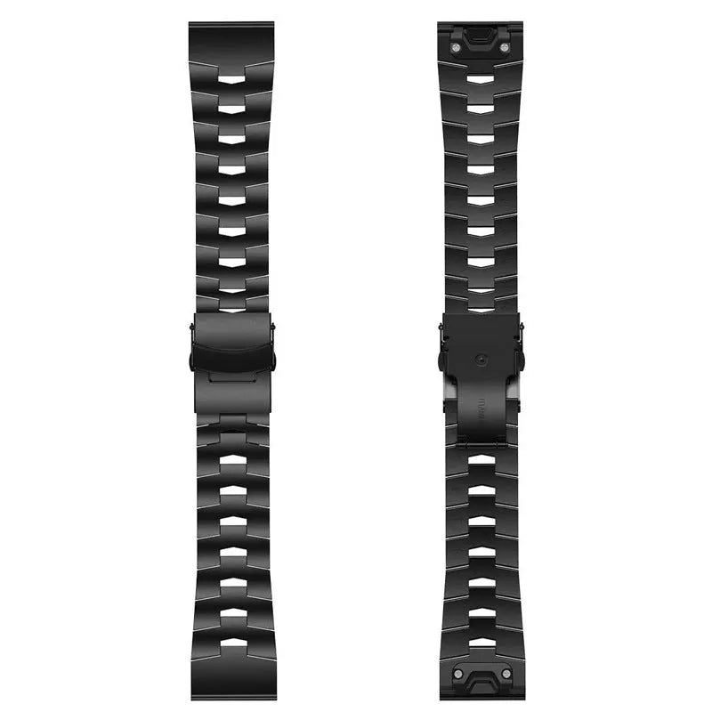 Garmin Fenix compatible watch strap shown in black, silver, and titanium colours for 22mm and 26mm widths.