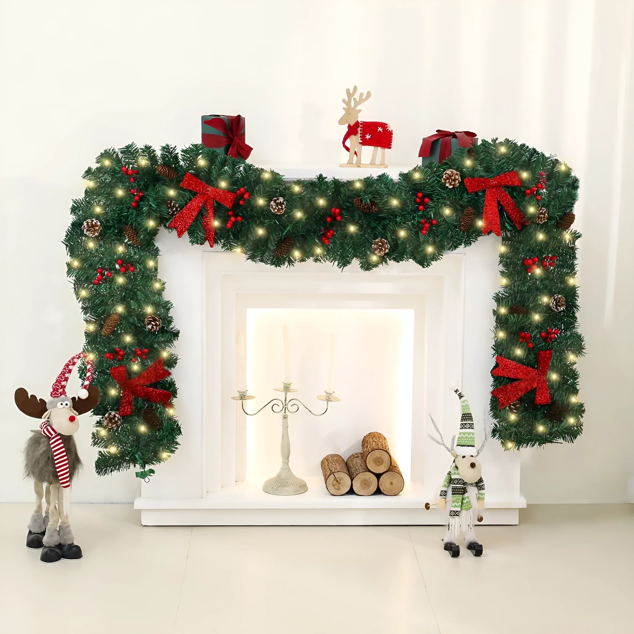 Christmas rattan decorative showcase with pine cone bow and European modern art design