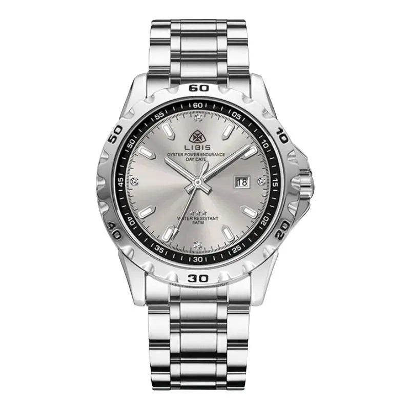 Men's silver quartz watch with luminous display and stainless steel strap