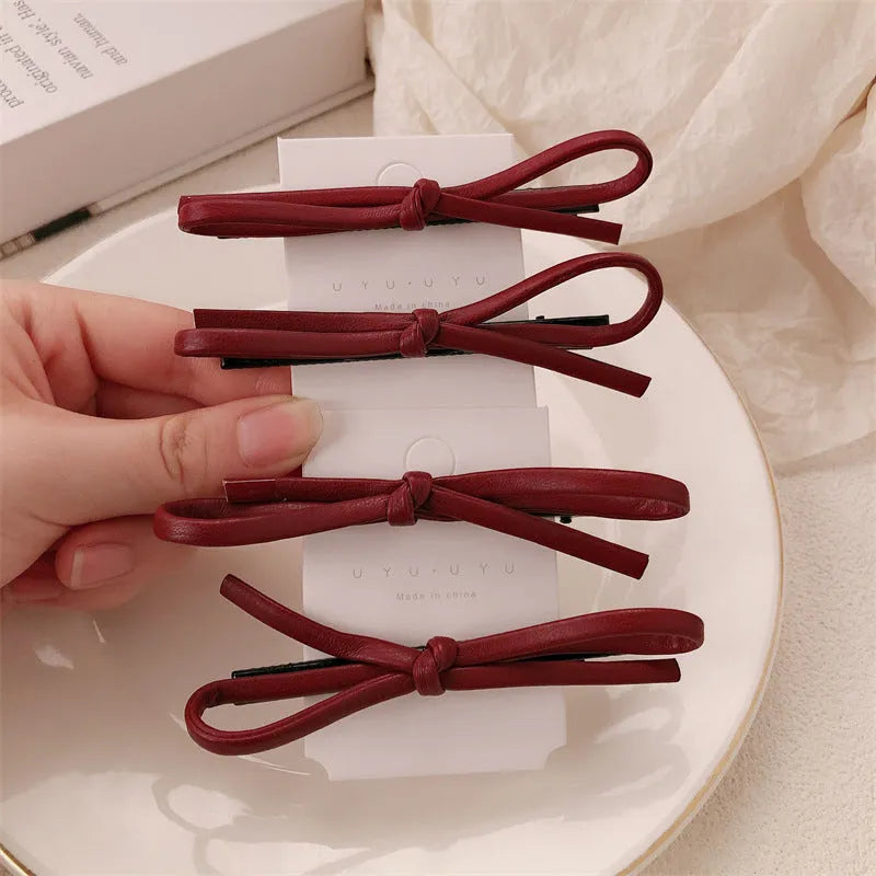 Wine red leather bow hair barrettes for women's hair styling accessories