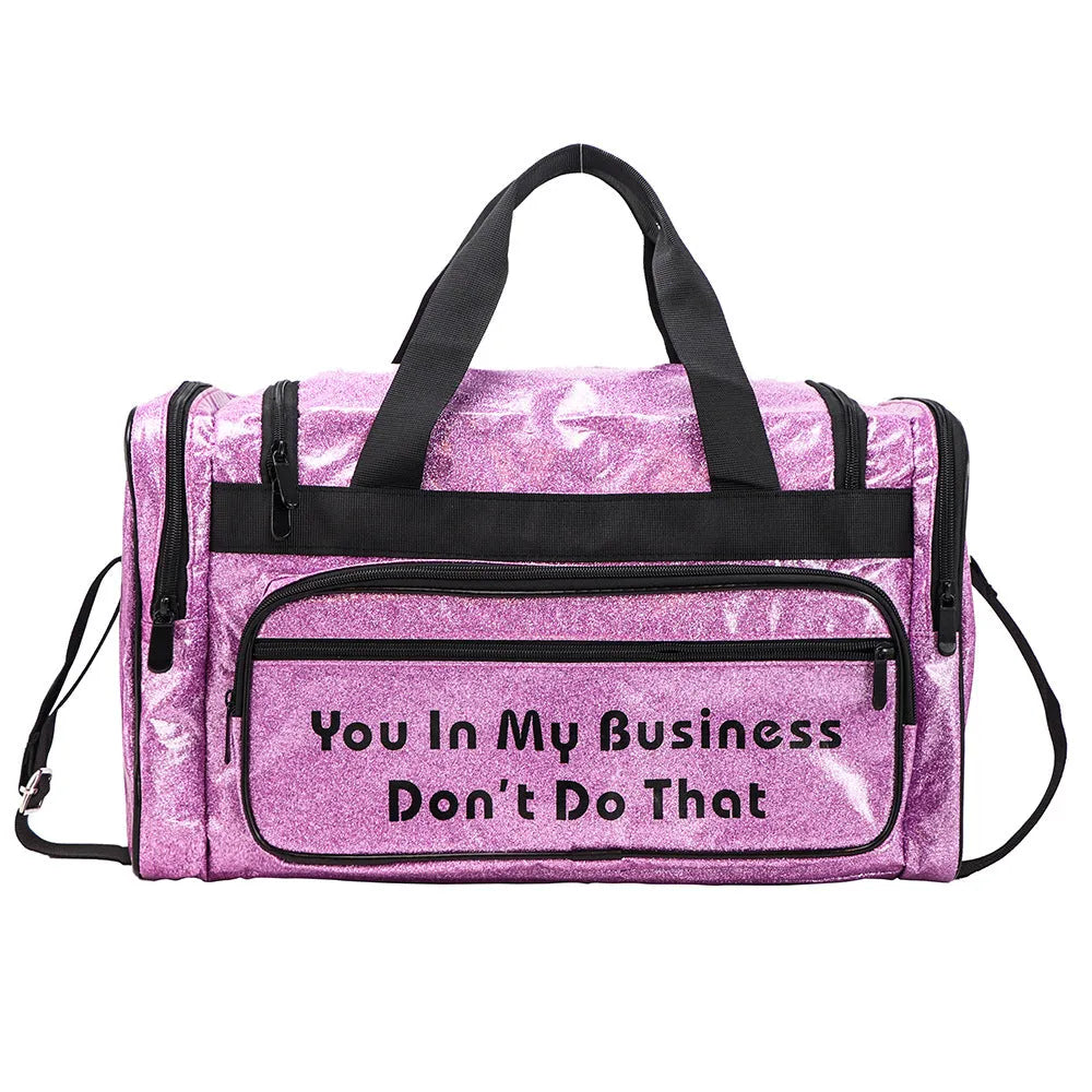 Large silver PU leather yoga sports handbag with letter design and multiple compartments
