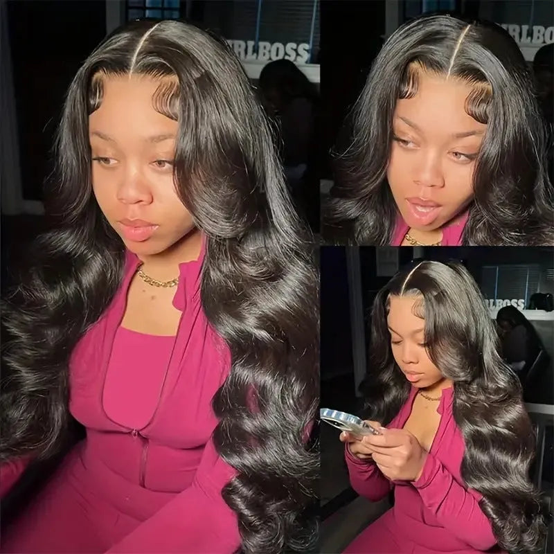 A black synthetic wig with large waves and a lace front, shown on a mannequin head.