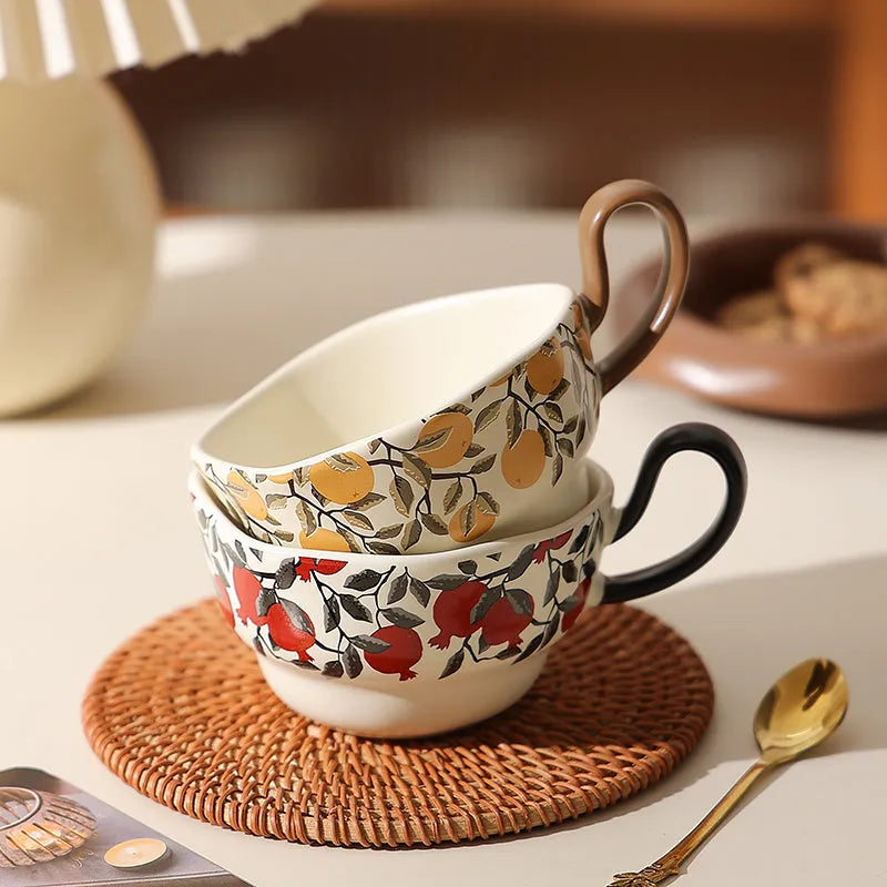 Antique style ceramic coffee cup and saucer set with medieval design in black or orange colour