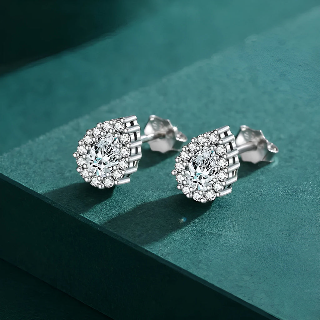 Women's water drop shaped silver ear studs with 925 sterling silver construction