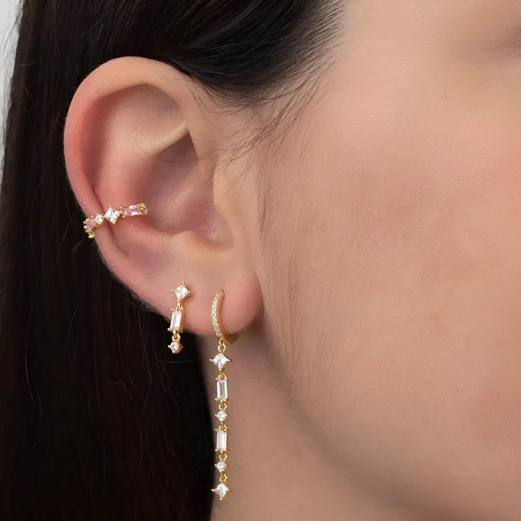 Geometric tassel ear clips with colourful zircon micro-inlay in gold and white gold colours