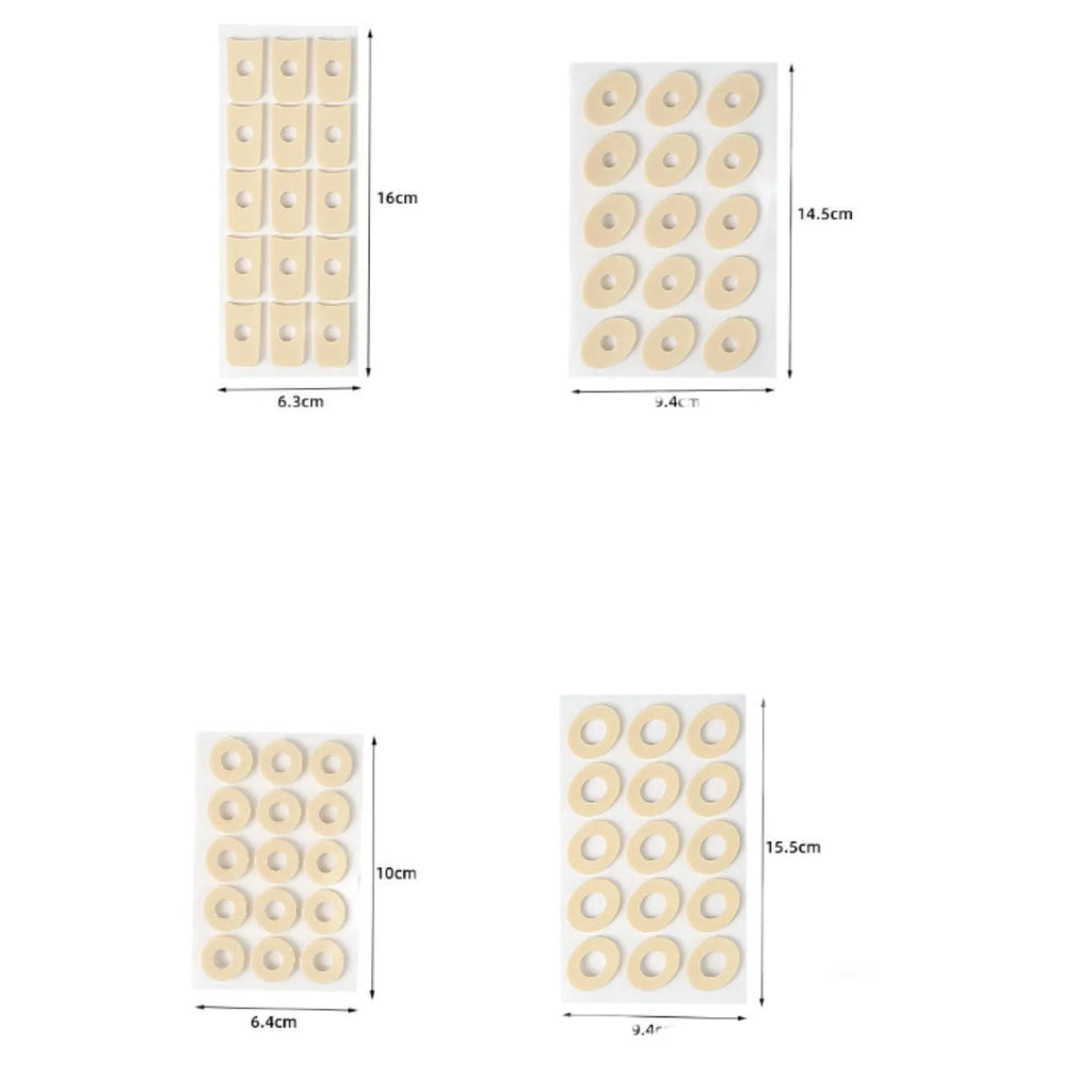 Women's protective toe pads set showing four different shapes: large oval, small oval, U-shaped and circular designs