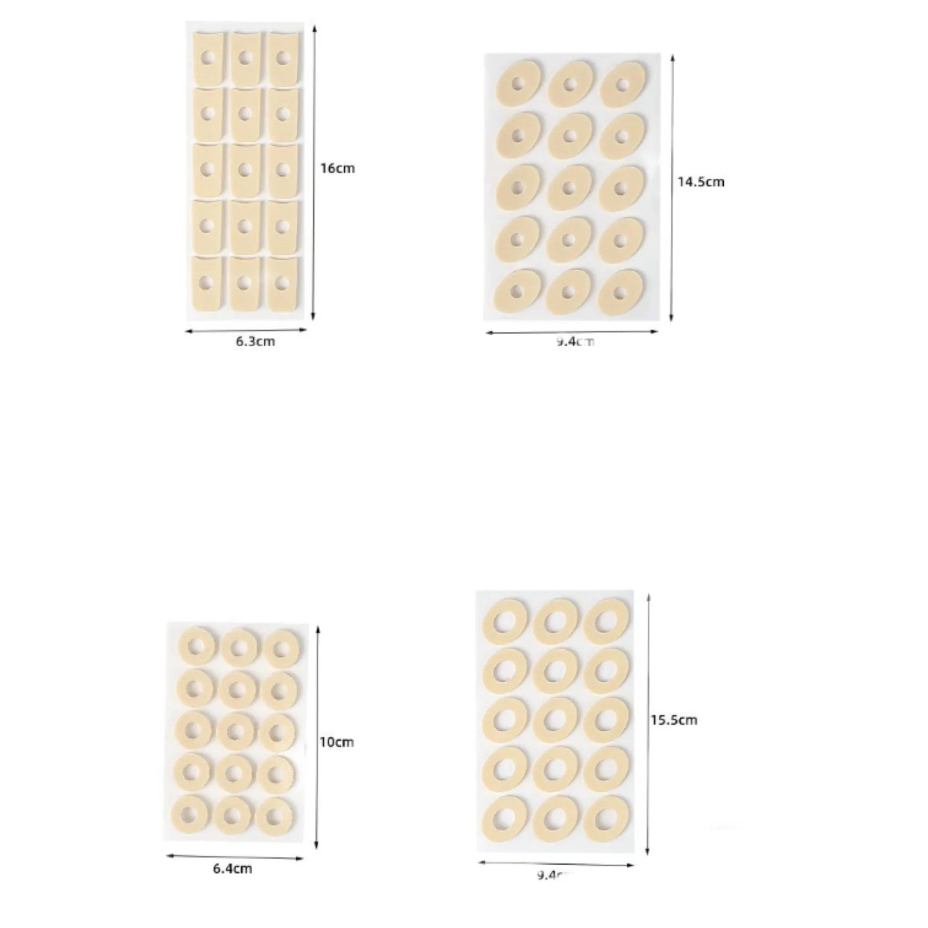 Women's protective toe pads set showing four different shapes: large oval, small oval, U-shaped and circular designs