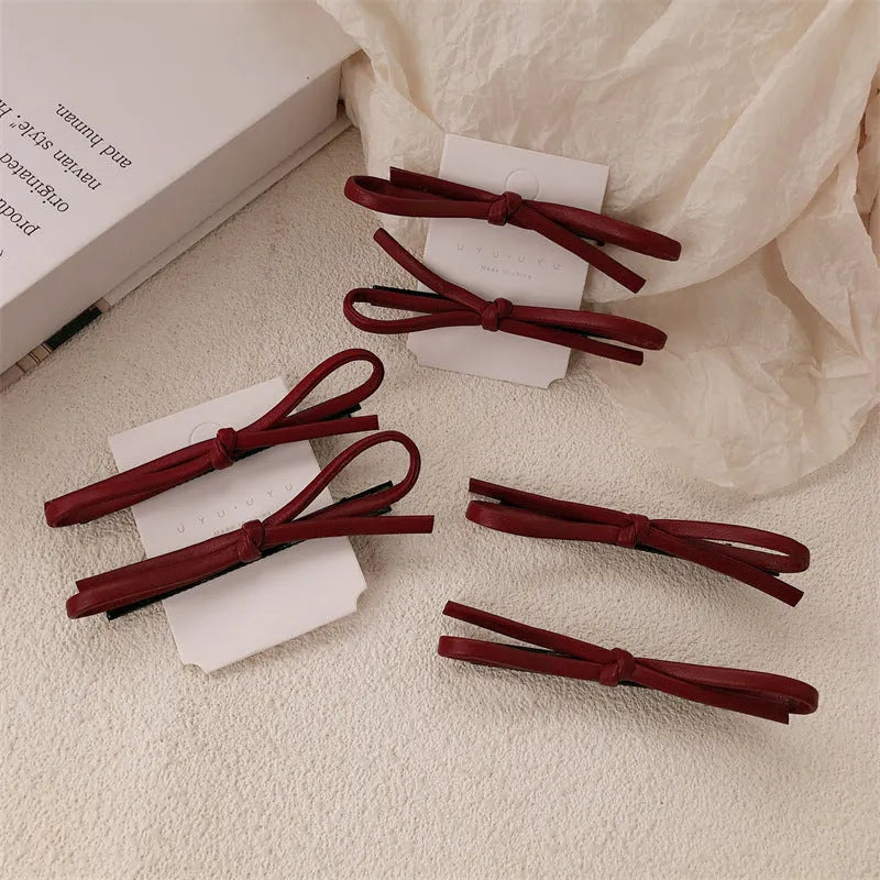 Wine red leather bow hair barrettes for women's hair styling accessories