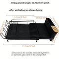 Foldable carbon steel kitchen dish rack holding cutlery, knives, forks and cups.