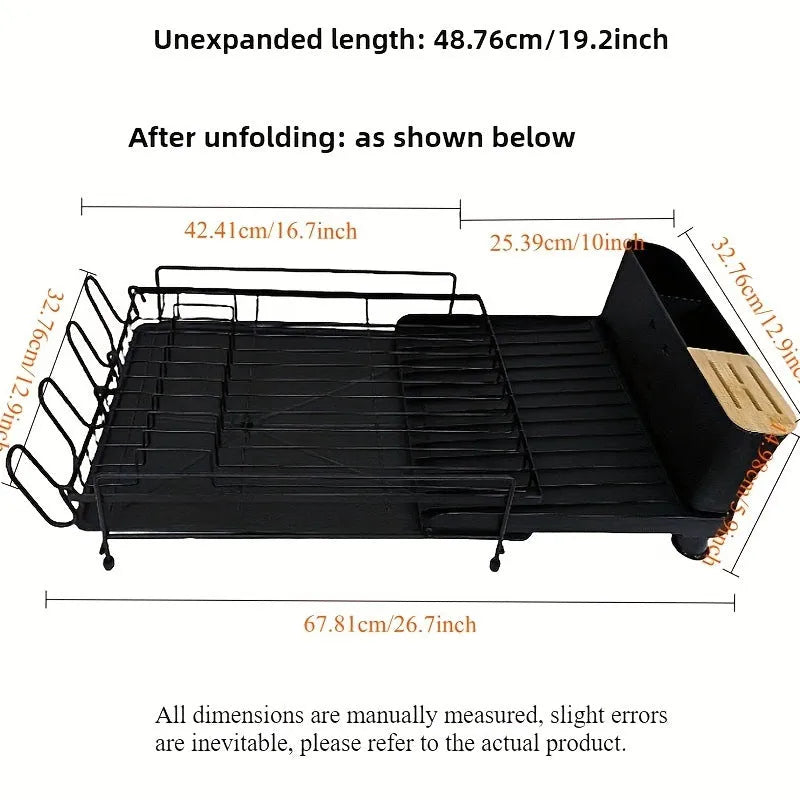 Foldable carbon steel kitchen dish rack holding cutlery, knives, forks and cups.