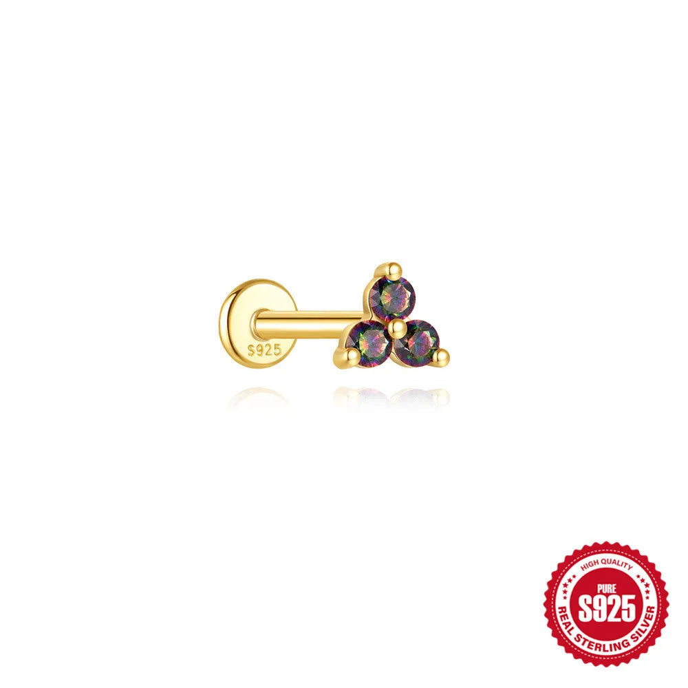 S925 sterling silver flat head stud earrings with shiny rainbow stone finish, showing thread piercing post.