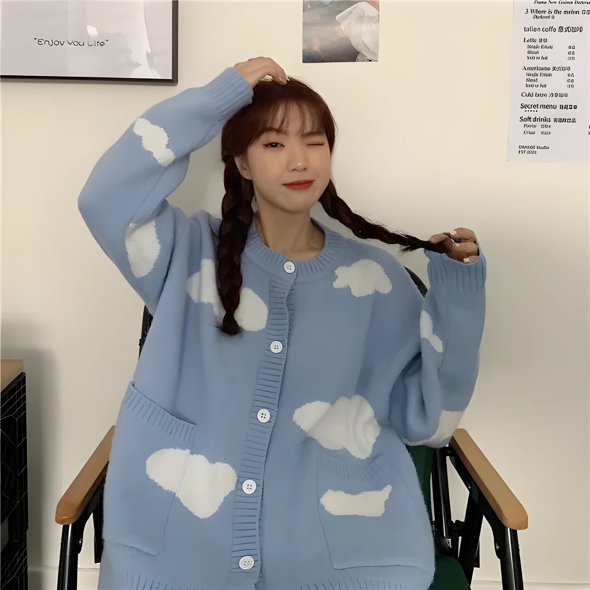 Women's blue spandex cardigan with cloud pattern, loose fit design with long sleeves