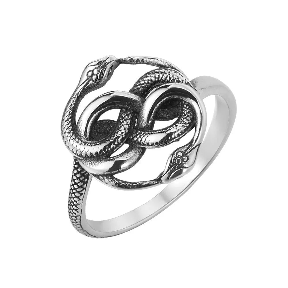 Titanium steel double snake ring in steel colour with retro design showing intertwined snakes