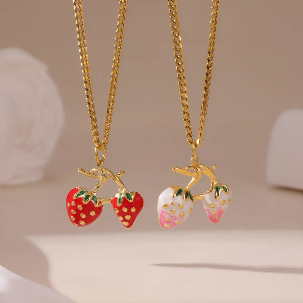 Stainless steel strawberry fruit pendant necklace for women in white gradient or red colour on alloy chain