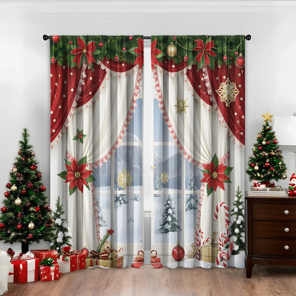 Pair of 3D digitally printed Christmas theme curtains made from polyester fabric, showing detailed pattern.