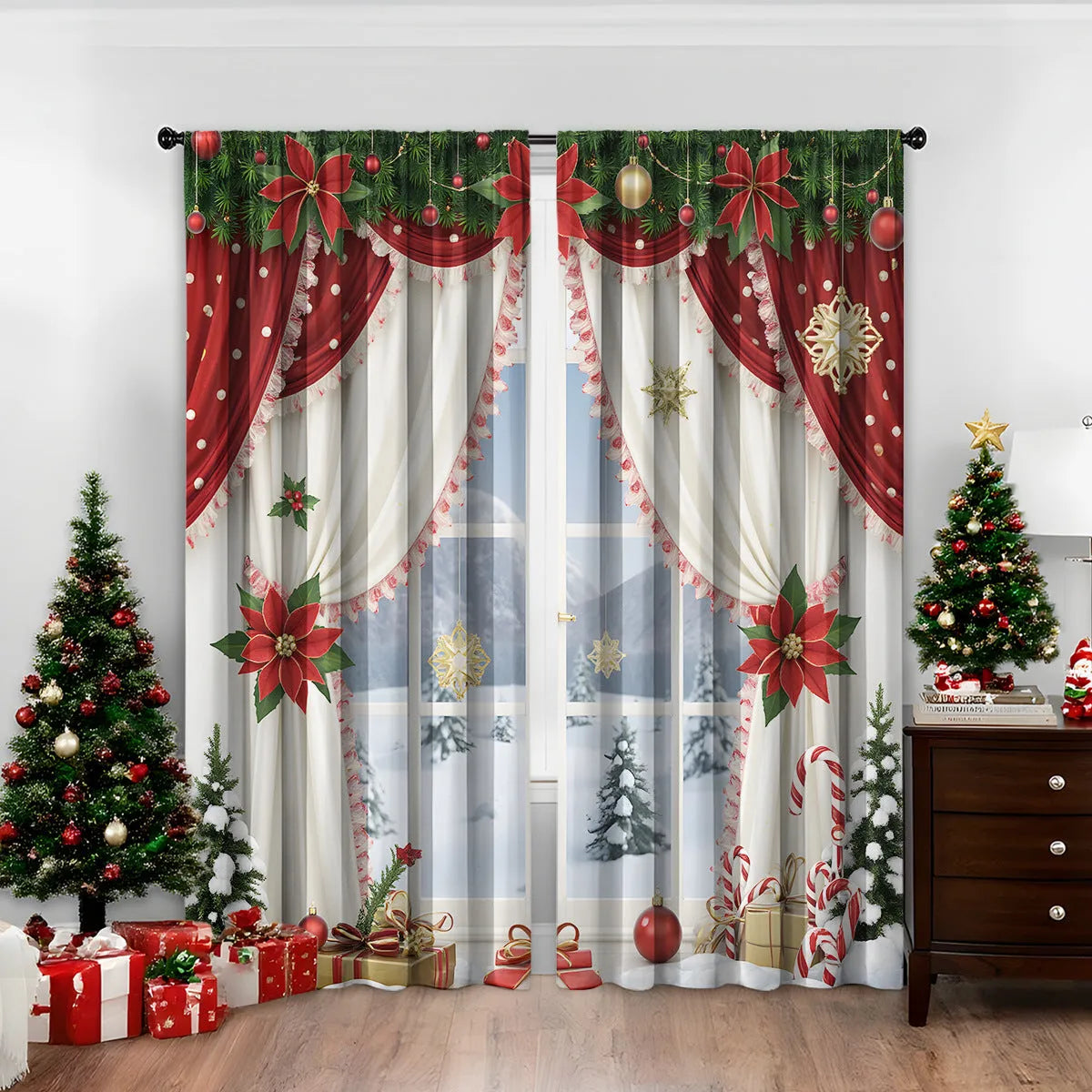 Pair of 3D digitally printed Christmas theme curtains made from polyester fabric, showing detailed pattern.