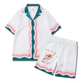Men's plaid pattern beach outfit set with short sleeve shirt and matching trousers