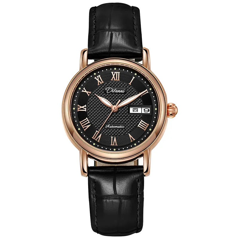 Women's automatic mechanical watch on wrist showing open case back with visible movement