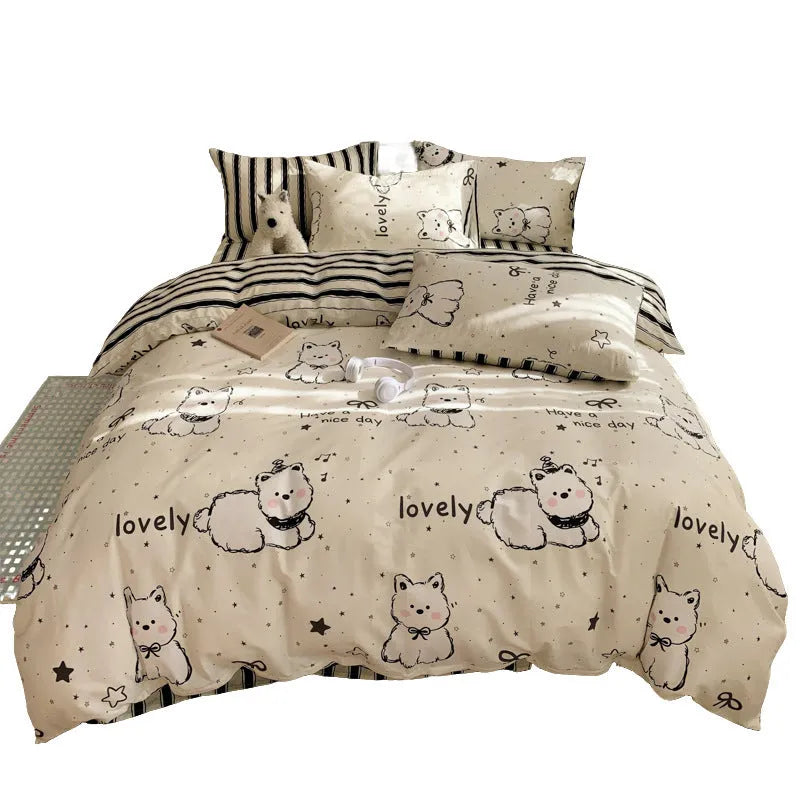 Cartoon dog pattern cotton bedding set with quilt cover, fitted sheet, and pillowcases for dormitory beds