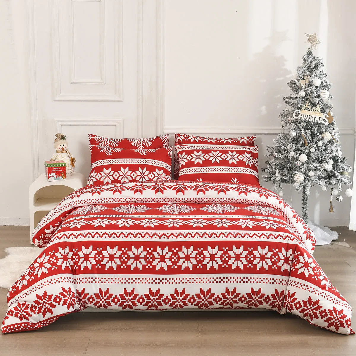 Red Christmas Love Song pattern bedding three-piece set with quilt cover and matching pillowcases