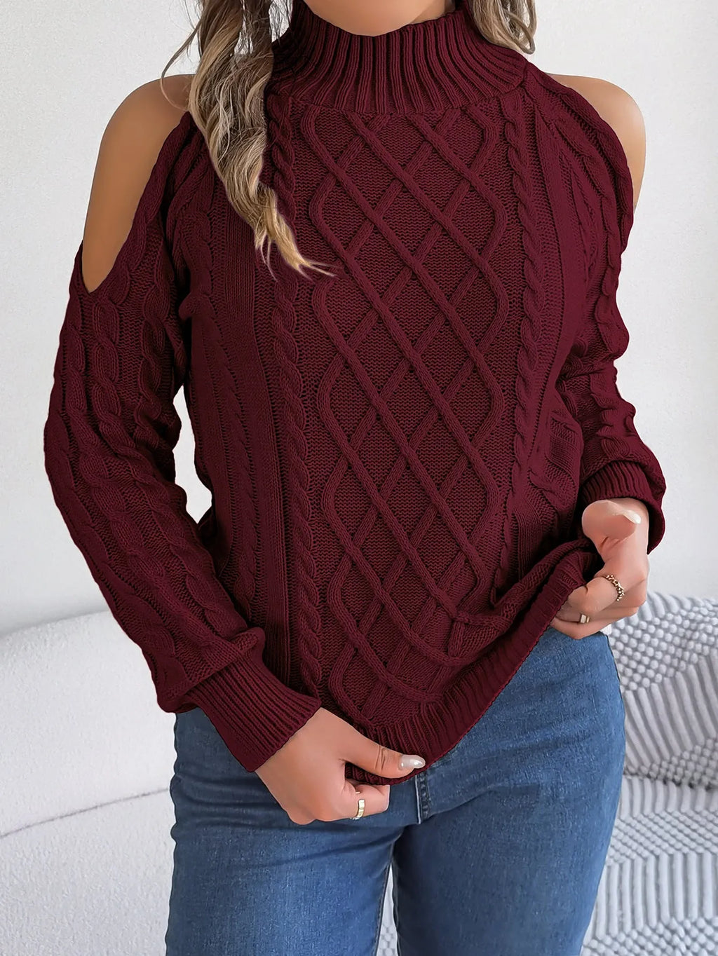 Women's twisted pattern strapless pullover sweater with lantern sleeves in acrylic knitwear