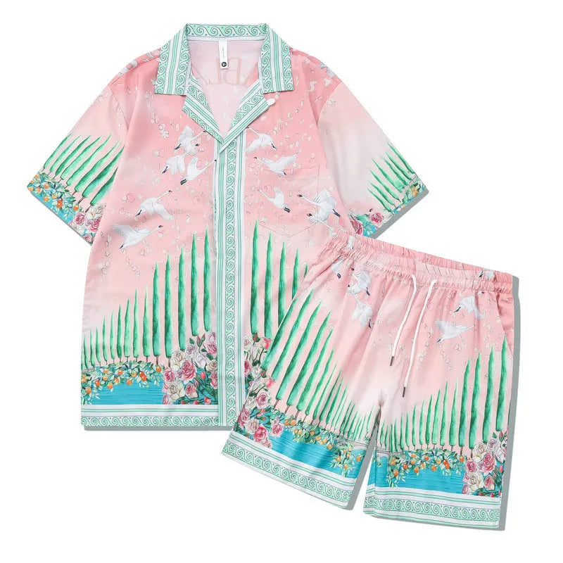 Men's plaid pattern beach outfit set with short sleeve shirt and matching trousers