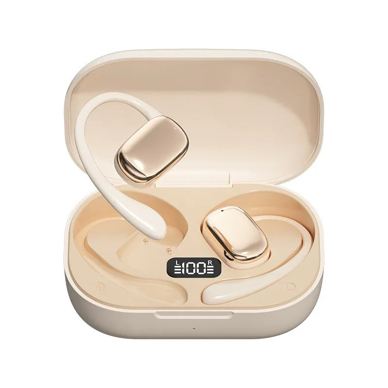 Ear-mounted headphones with digital display screen in black, skin colour or white finish