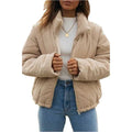 Apricot women's corduroy jacket with stand collar, long sleeves, and front zipper.