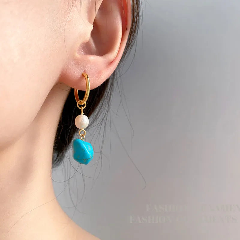 Geometric copper earring set with turquoise and cultured pearls including short clips and dangle styles