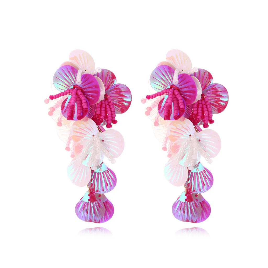 Handmade colourful string bead flower earrings with exaggerated dopamine design
