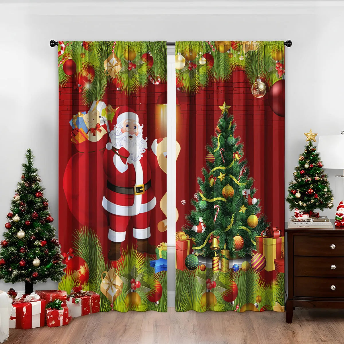Set of two red and green 3D digitally printed Christmas theme curtains hanging on a window.