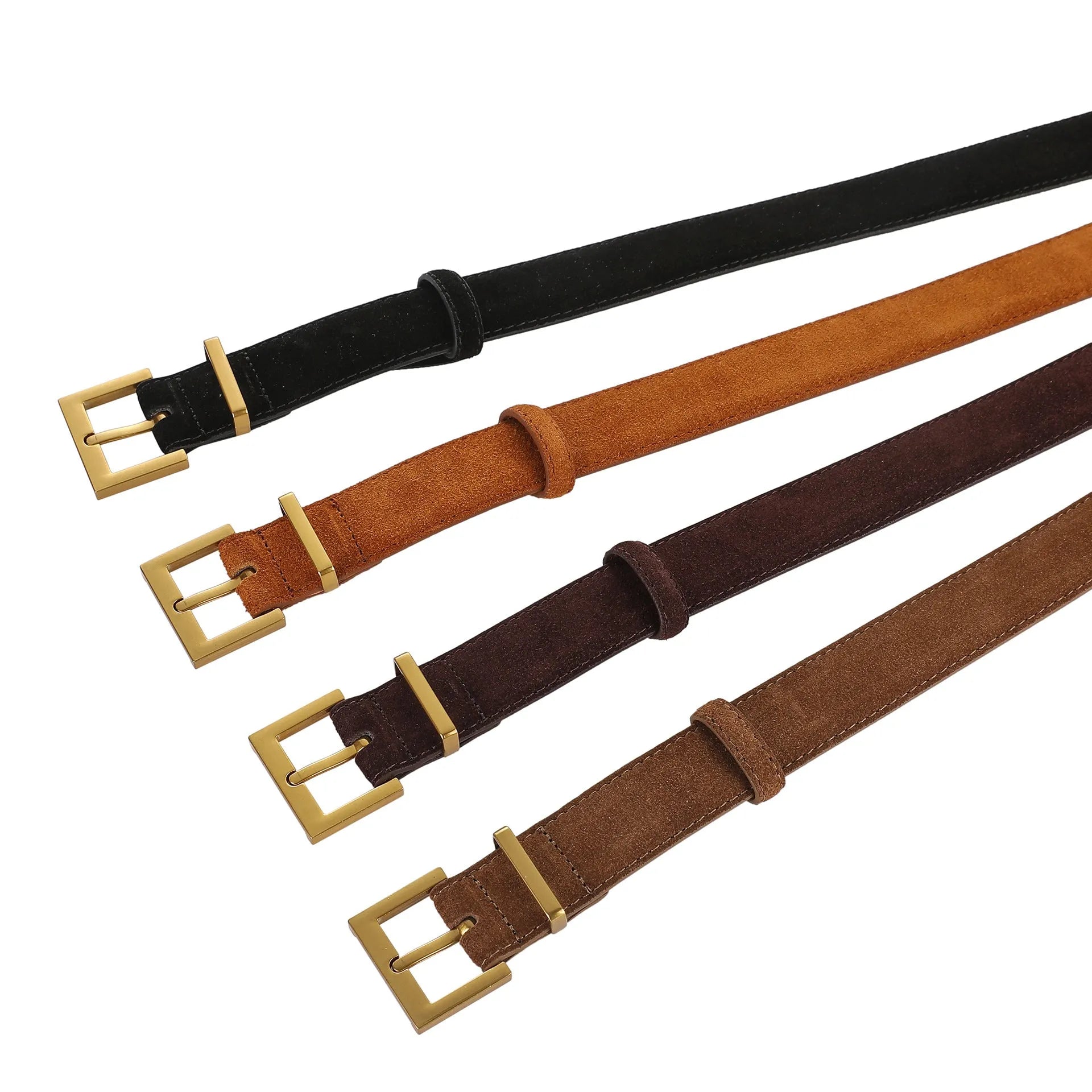 Ladies' leather belt with quadrilateral pin buckle in black, caramel, light brown, or dark brown