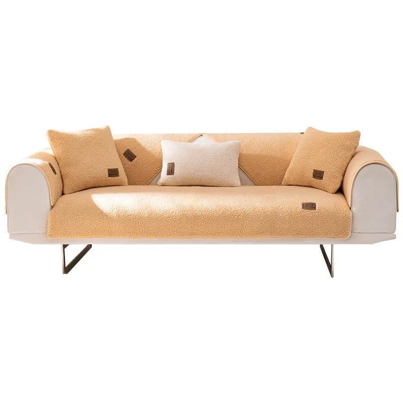 Lambswool sofa cover in solid colour showing cloth liner style and texture