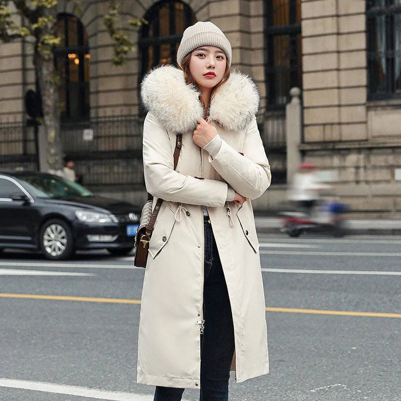 Women's long white cotton-padded fleece trench coat with a 100cm length and long sleeves.