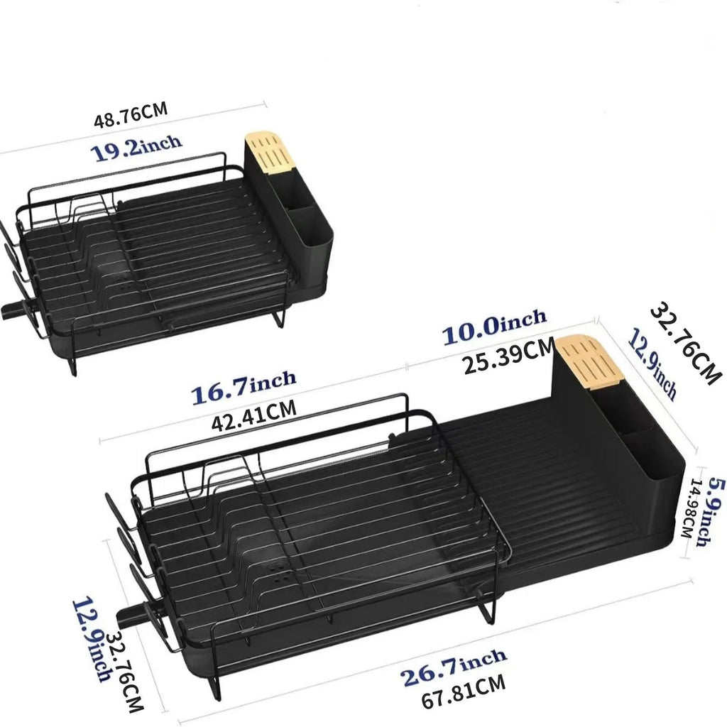 Foldable carbon steel kitchen dish rack holding cutlery, knives, forks and cups.