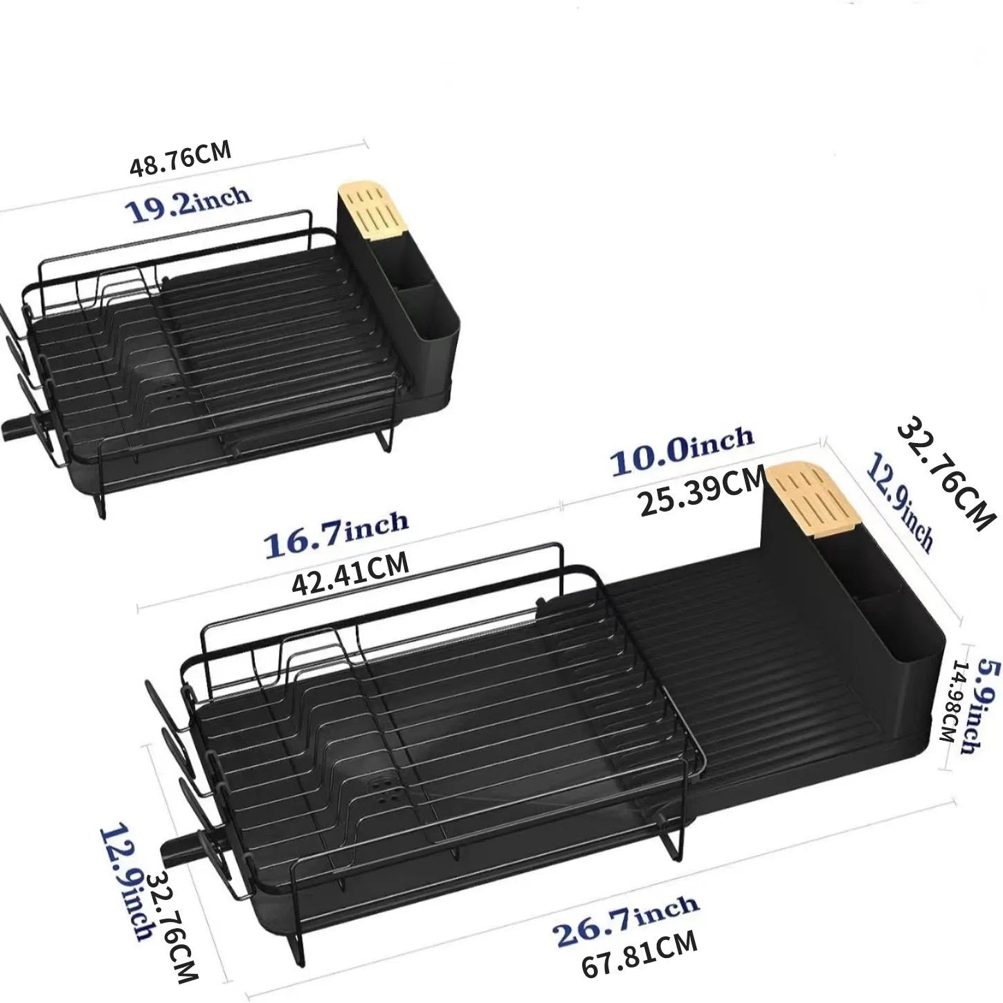 Foldable carbon steel kitchen dish rack holding cutlery, knives, forks and cups.