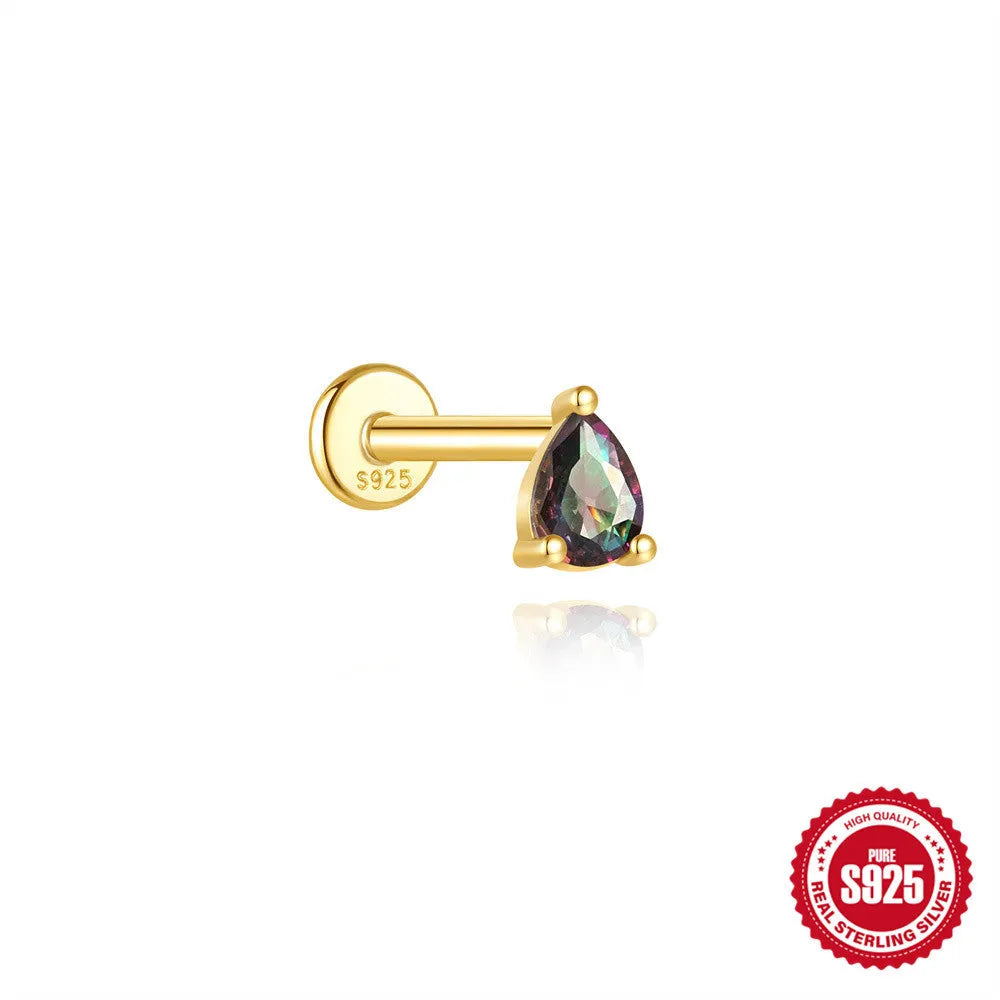 S925 sterling silver flat head stud earrings with shiny rainbow stone finish, showing thread piercing post.