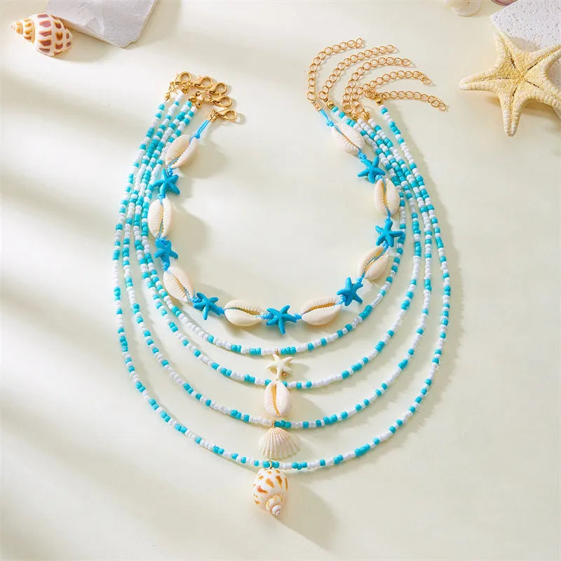 Women's 5-piece shell bead necklace set with starfish pendants and adjustable length