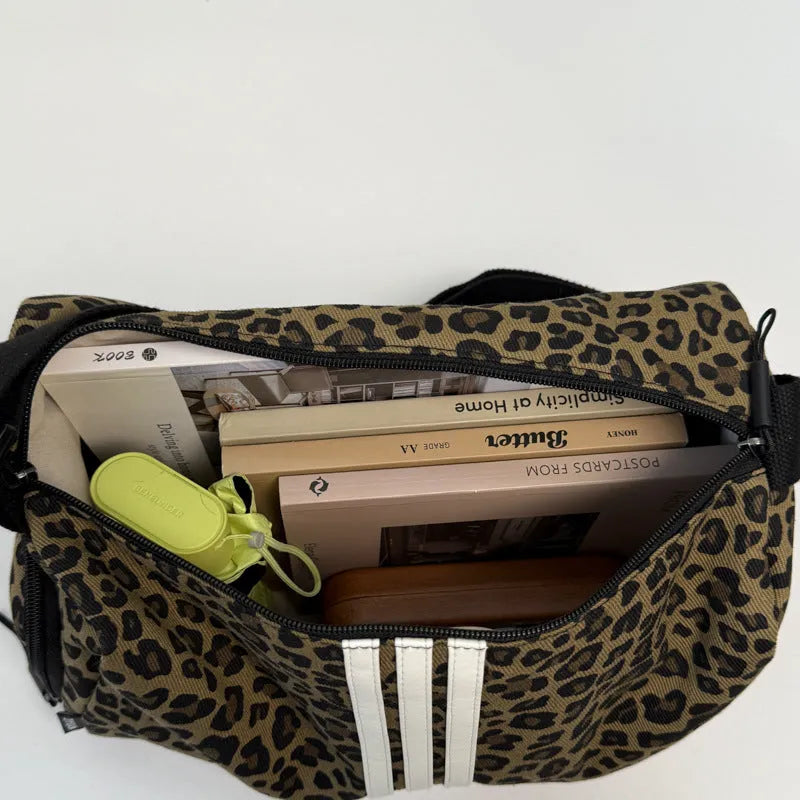 Leopard print stripes sports style shoulder messenger bag with cross-body strap
