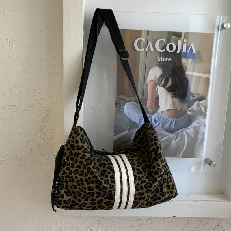 Leopard print stripes sports style shoulder messenger bag with cross-body strap