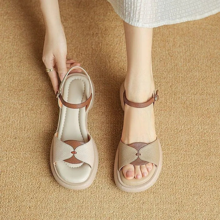 Women's chunky heel platform open toe sandals in khaki colour with renewable leather upper