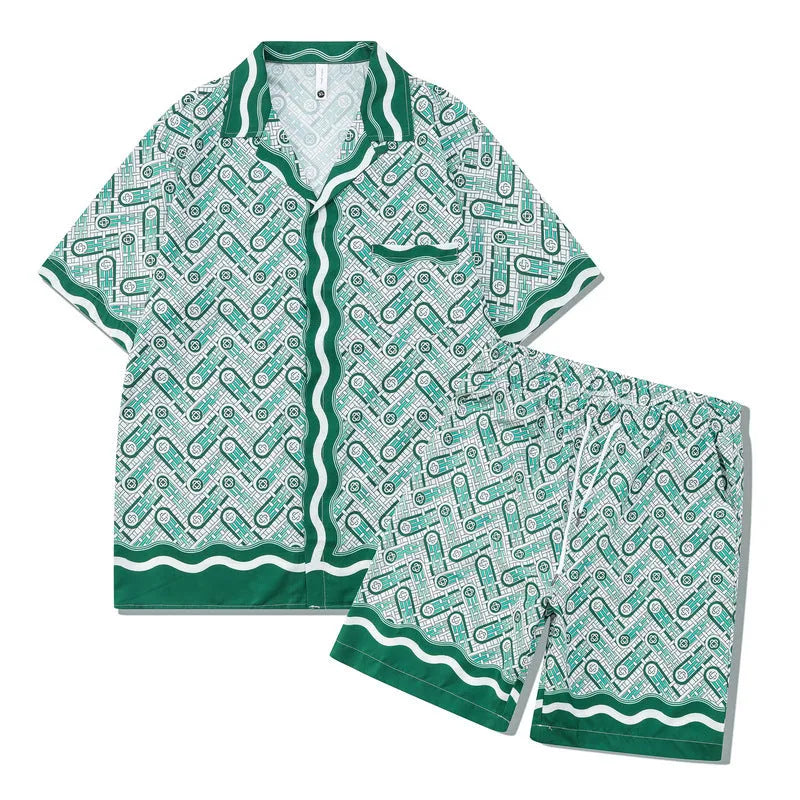 Men's plaid pattern beach outfit set with short sleeve shirt and matching trousers