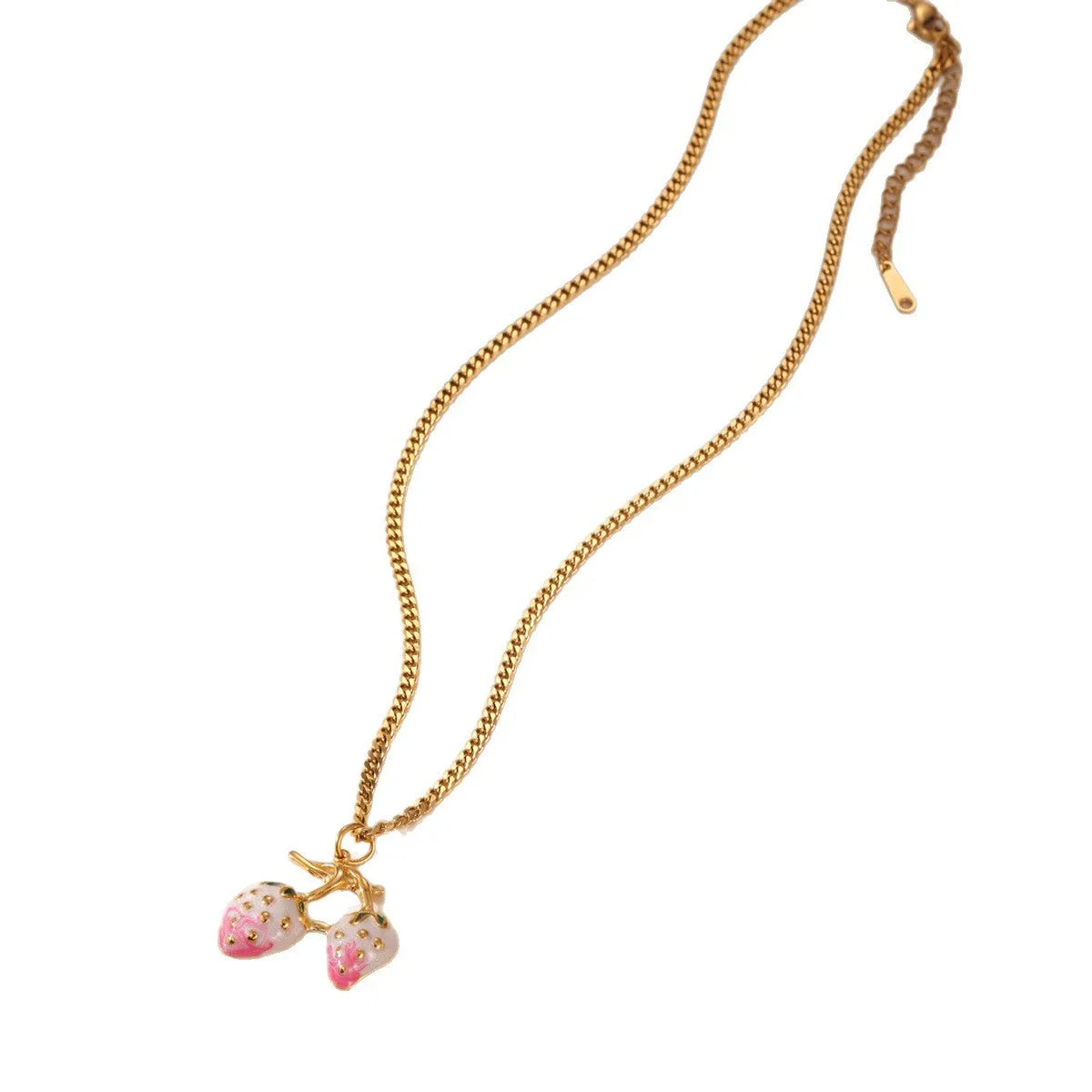 Stainless steel strawberry fruit pendant necklace for women in white gradient or red colour on alloy chain