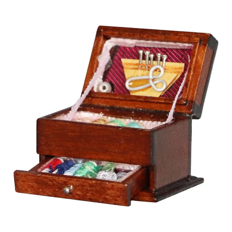 Miniature wooden sewing kit with European style accessories in birch wood